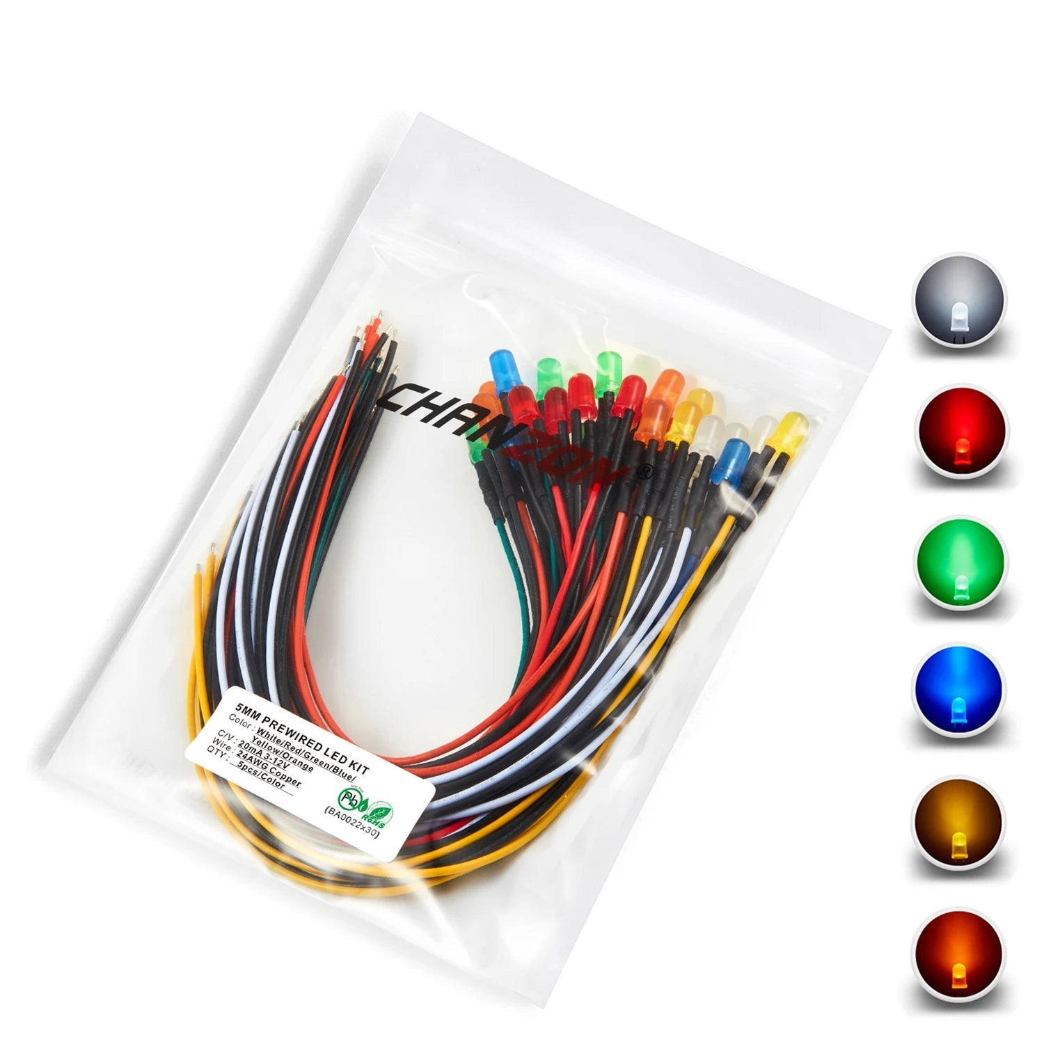 Assortment of 30 pre-wired 5mm LEDs - Red, green, orange, blue, white